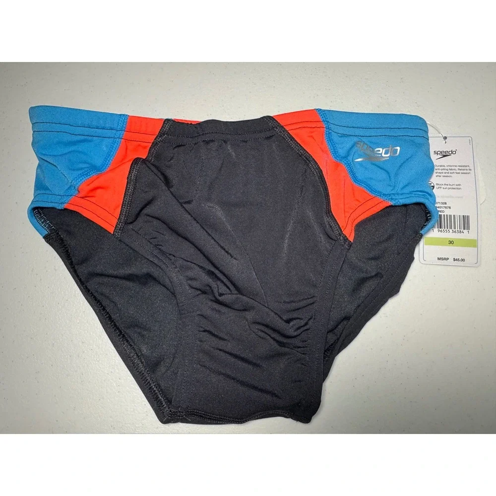 Speedo Mens Vibe Swim Briefs Black Blue Red Colorblock Training Trunks 30 NWT